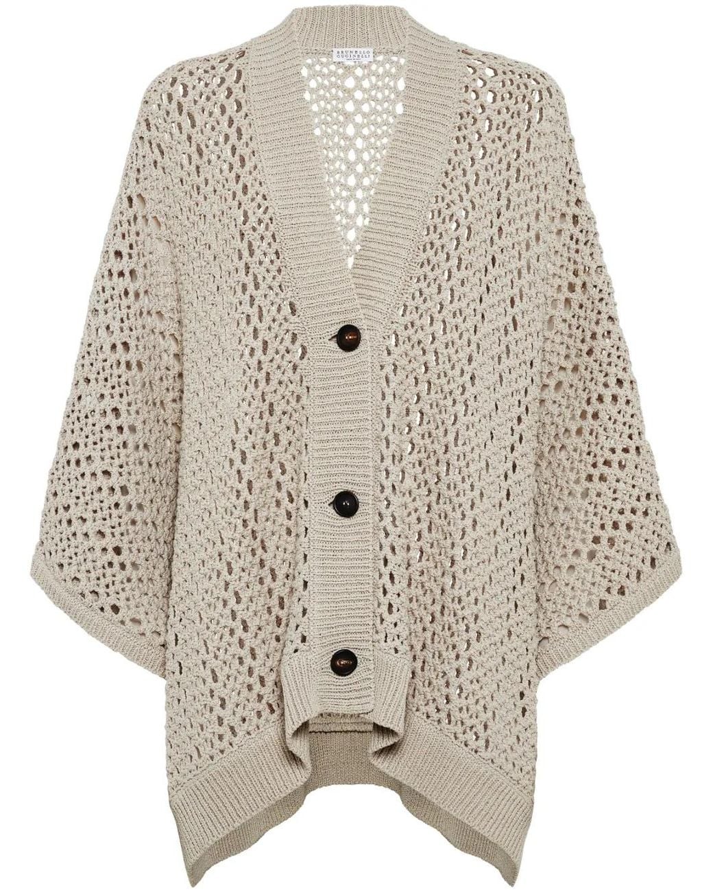 Brunello Cucinelli Natural V-Neck Open-Knit Cardigan