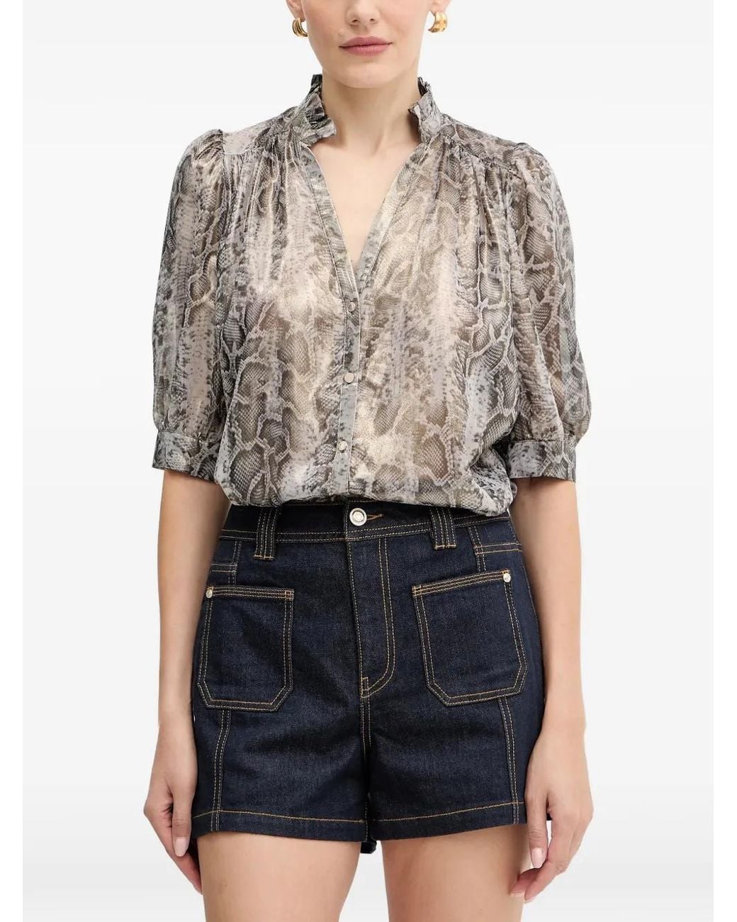 Morgan Blue Ruffled Snake-Print Blouse