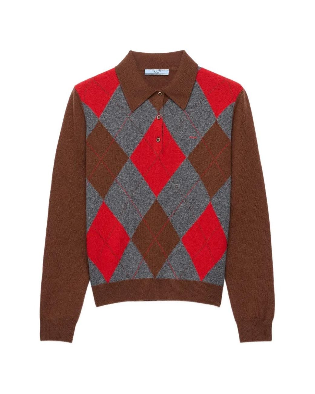 Prada Red Argyle Cashmere Polo Sweater