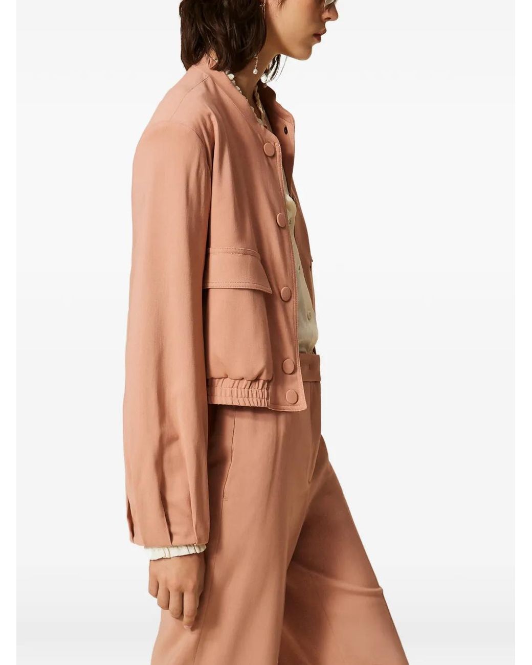 Twinset Pink Twill Bomber Jacket With Pockets