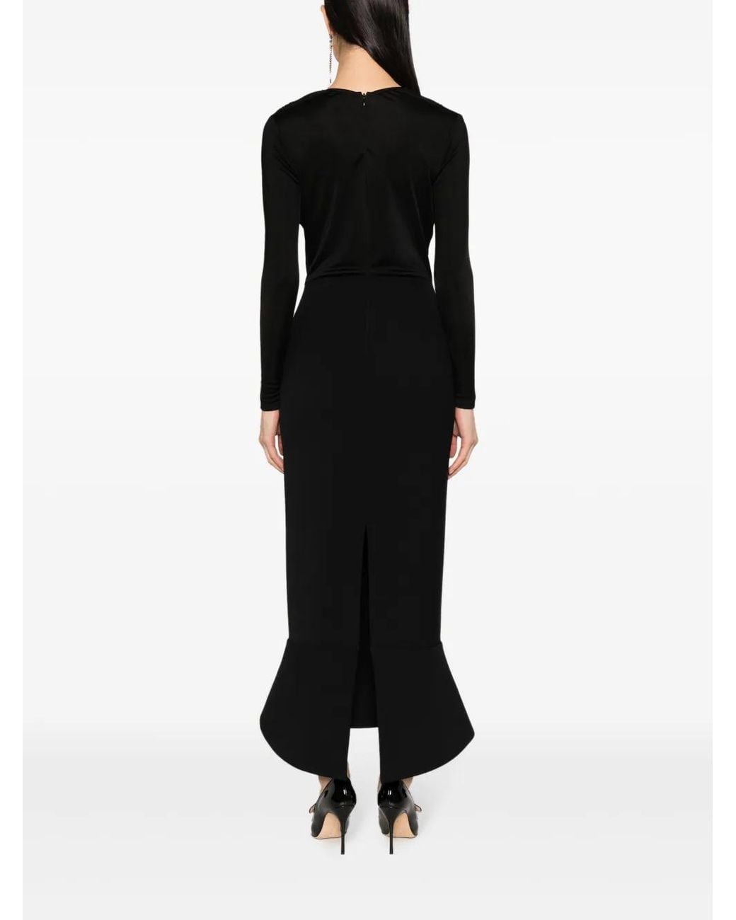V:PM ATELIER Black Alette Draped Fluted Maxi Dress