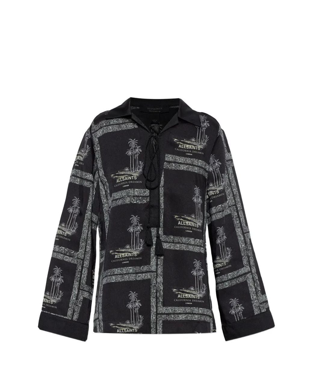 AllSaints Black Lettie Palm-Print Tassel-Detail Blouse