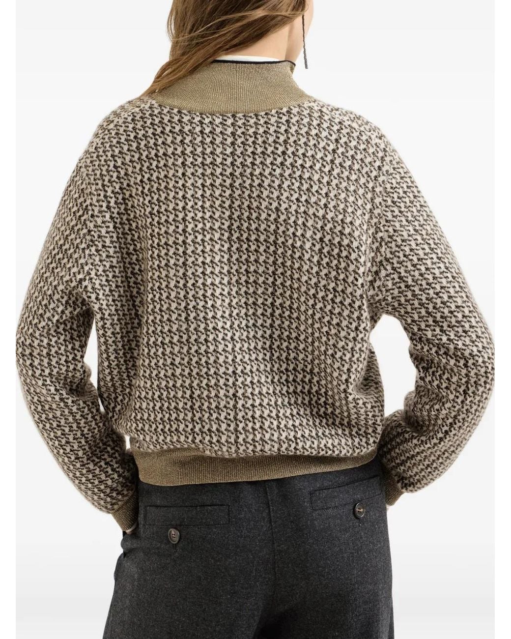 Brunello Cucinelli Gray Houndstooth Half-Zip Sweater