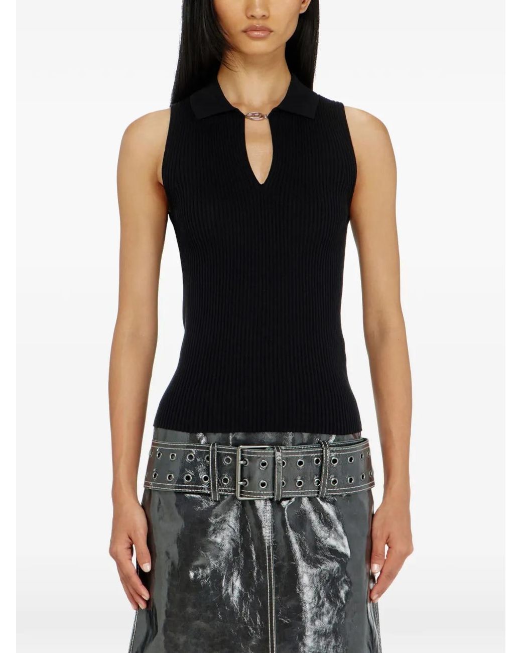 DIESEL Black Sleeveless Rib-Knit Polo Top