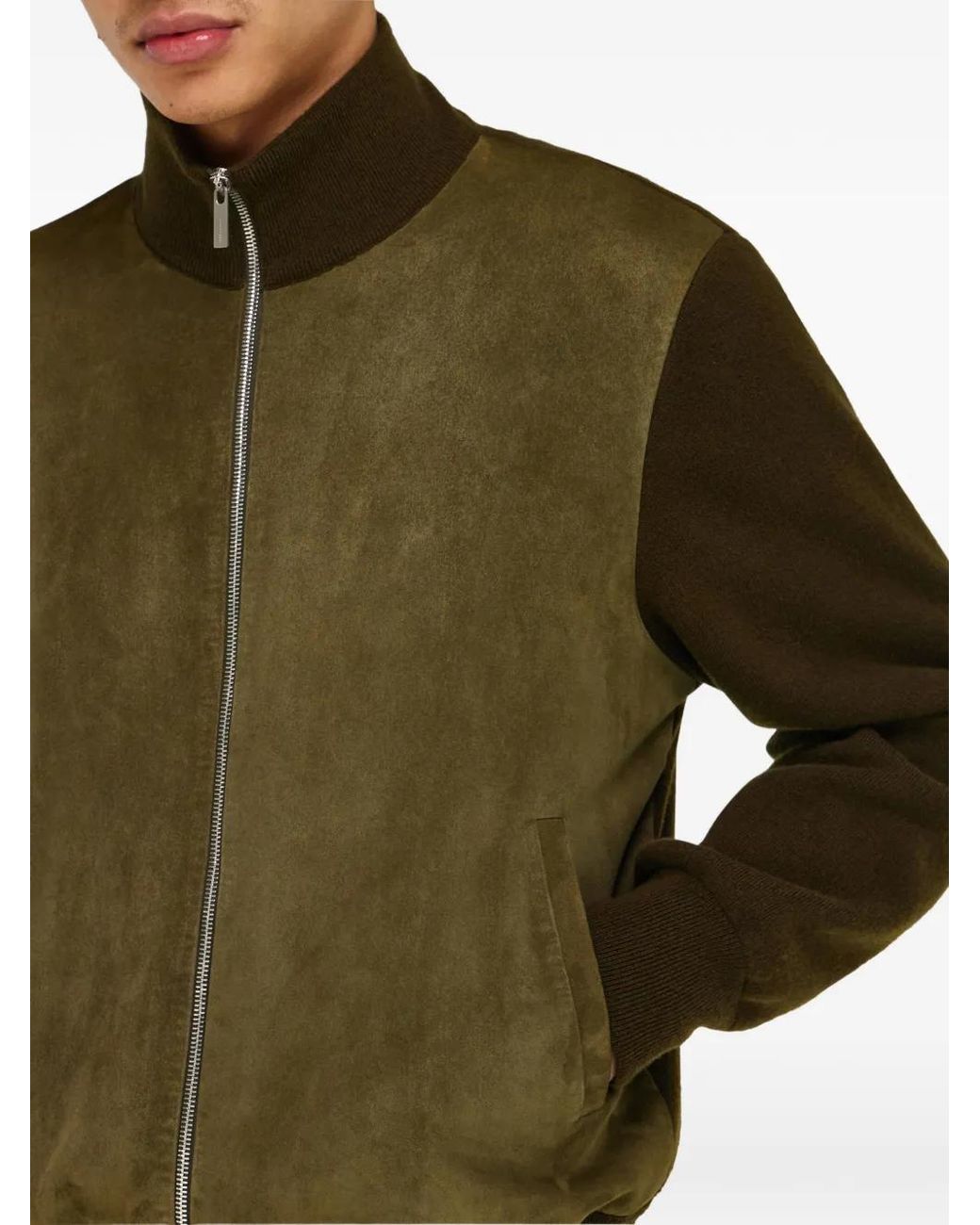 Ferragamo Green Suede Blouson With Knitted Details for men