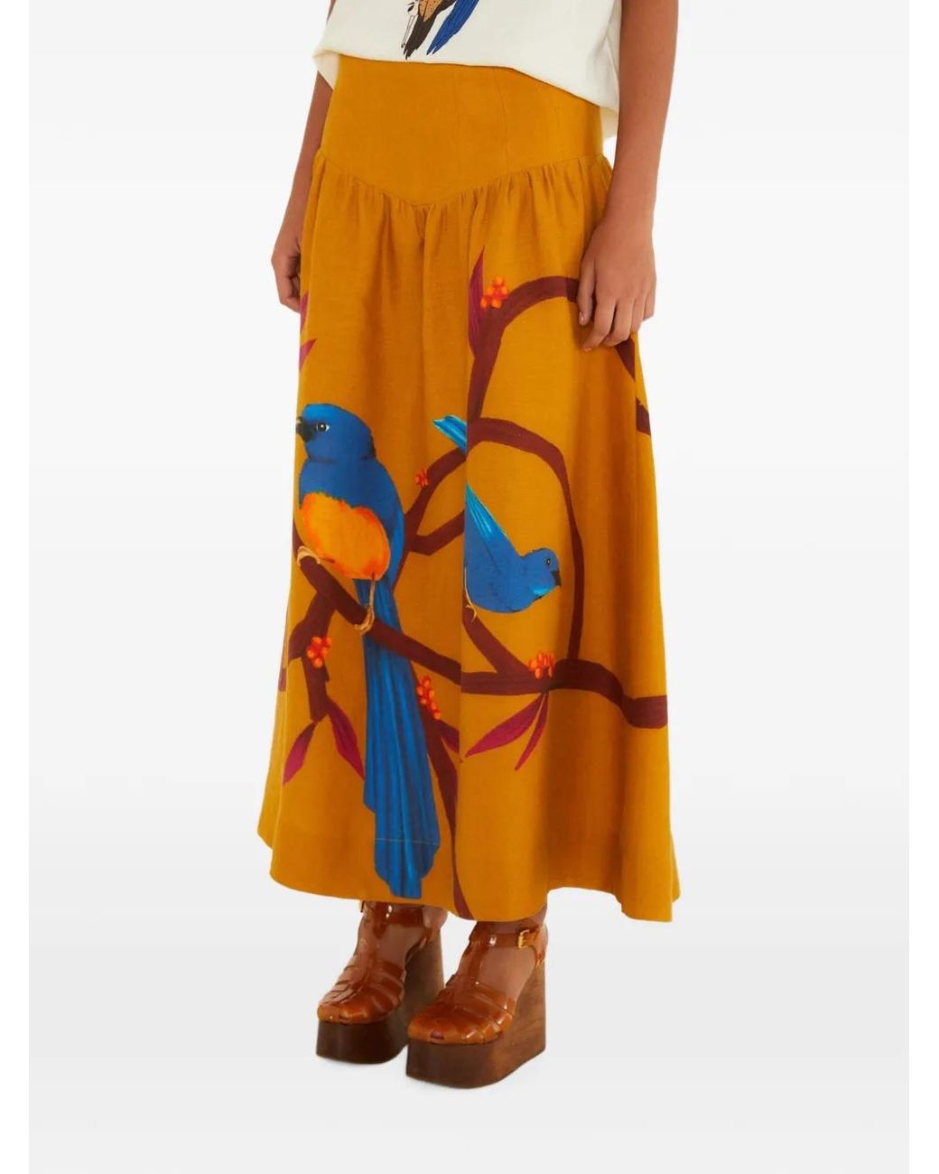 Farm Rio Orange Bird-Print Skirt