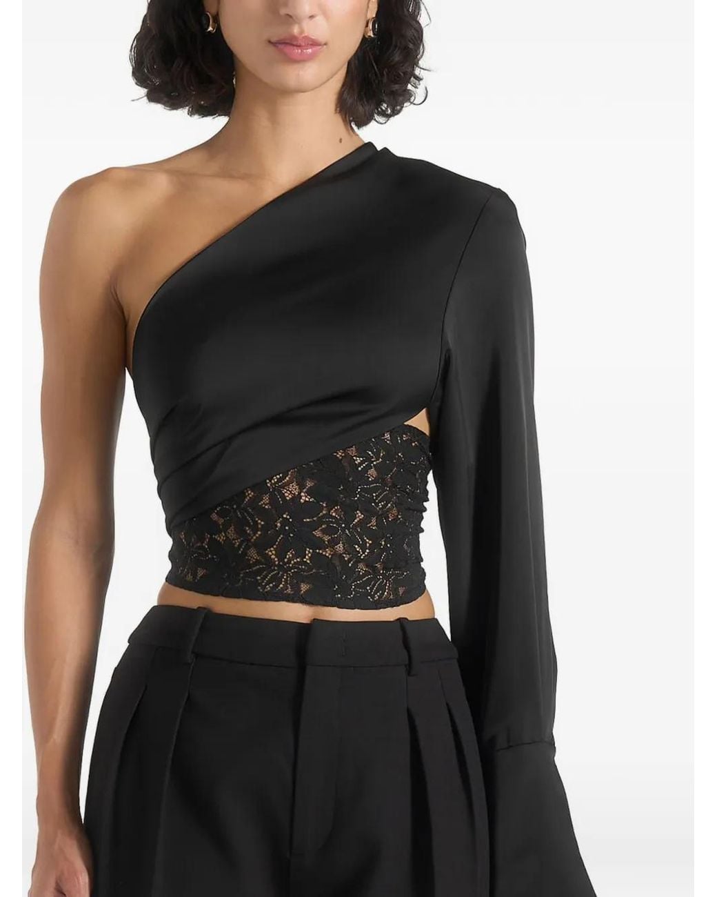 Manière De Voir Black Coralie One Sleeve Satin And Lace Wrap Top