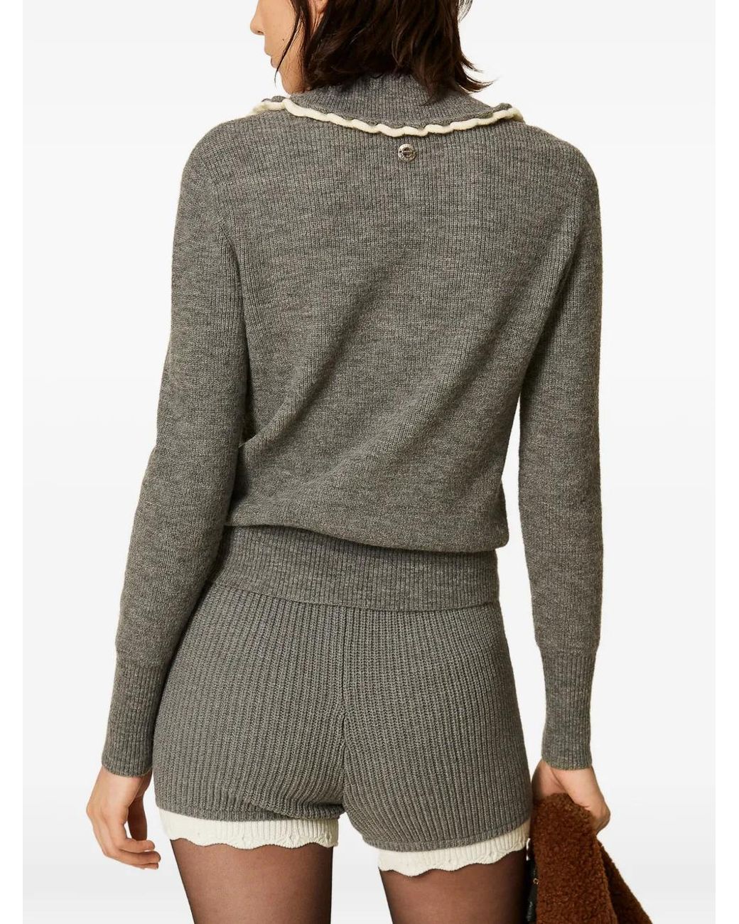 Twinset Gray Knitted Shorts With Scalloped Details