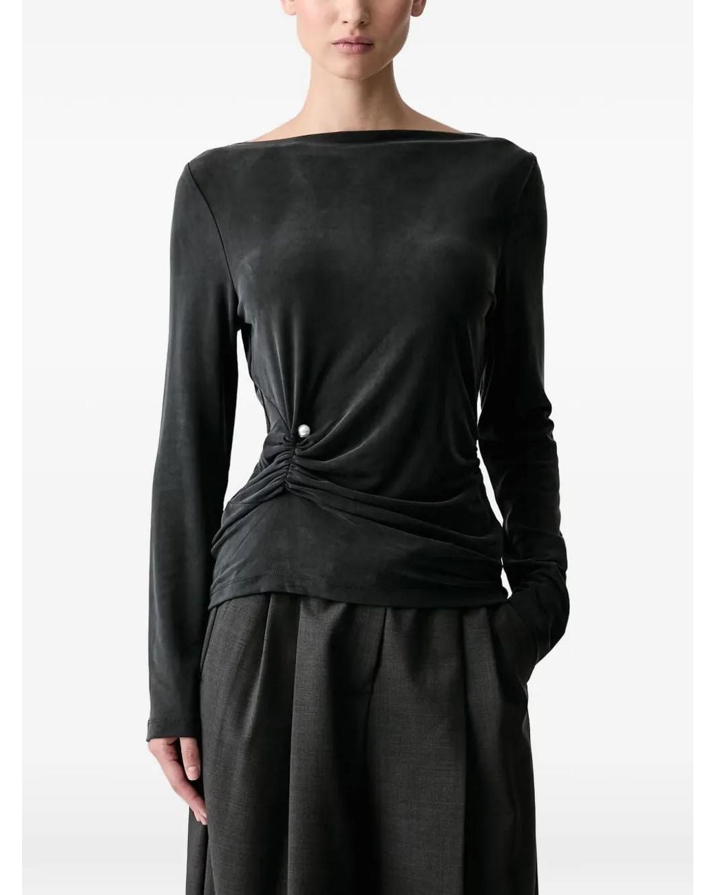 Stine Goya Black Pearl-Embellished Ruched Long-Sleeved Top