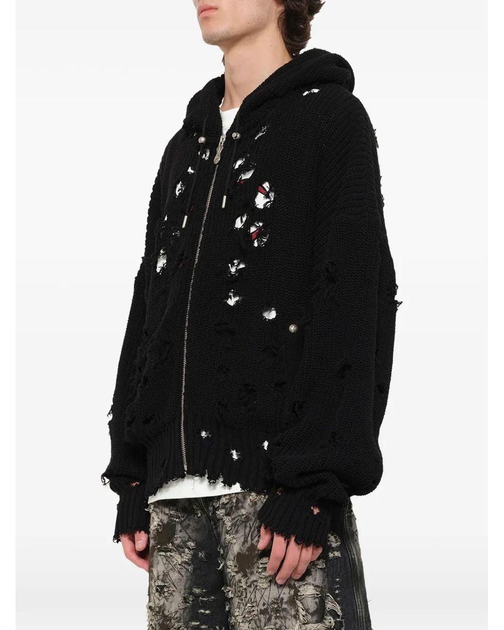 THUG CLUB Black Destroyed-Effect Hoodie for men