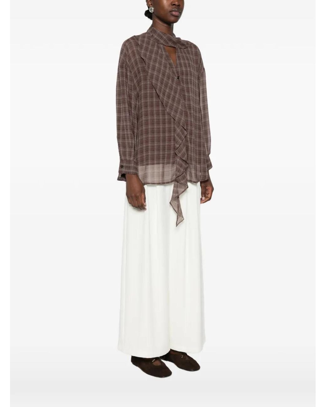 ELEH Brown Check-Pattern Ruffled Blouse