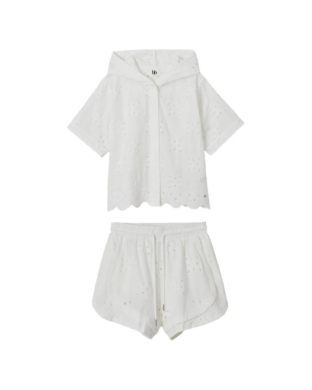 B+ AB White Broderie-Anglaise Hooded Shirt And Shorts Set