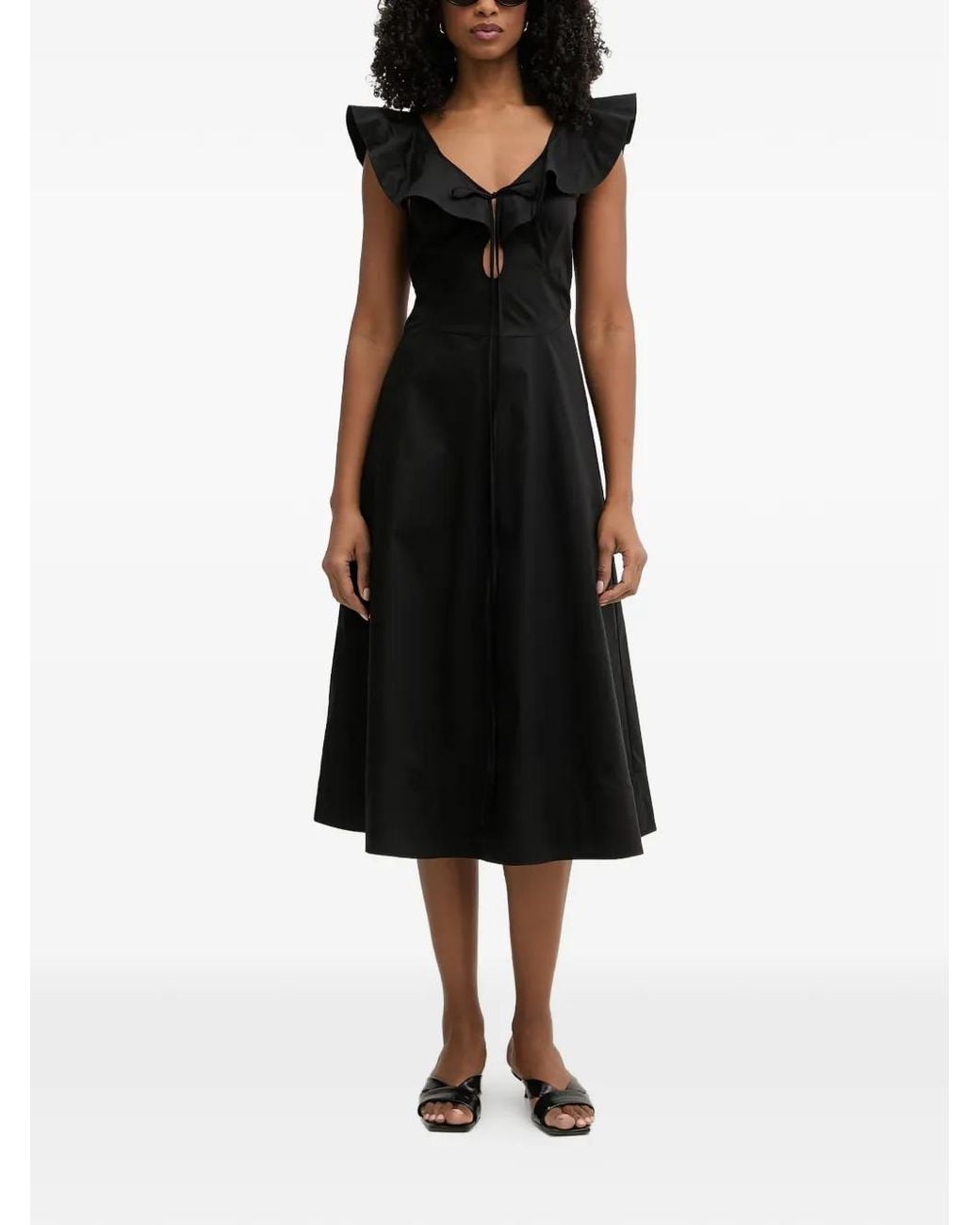 Twinset Black Poplin Midi Dress With Ruffles