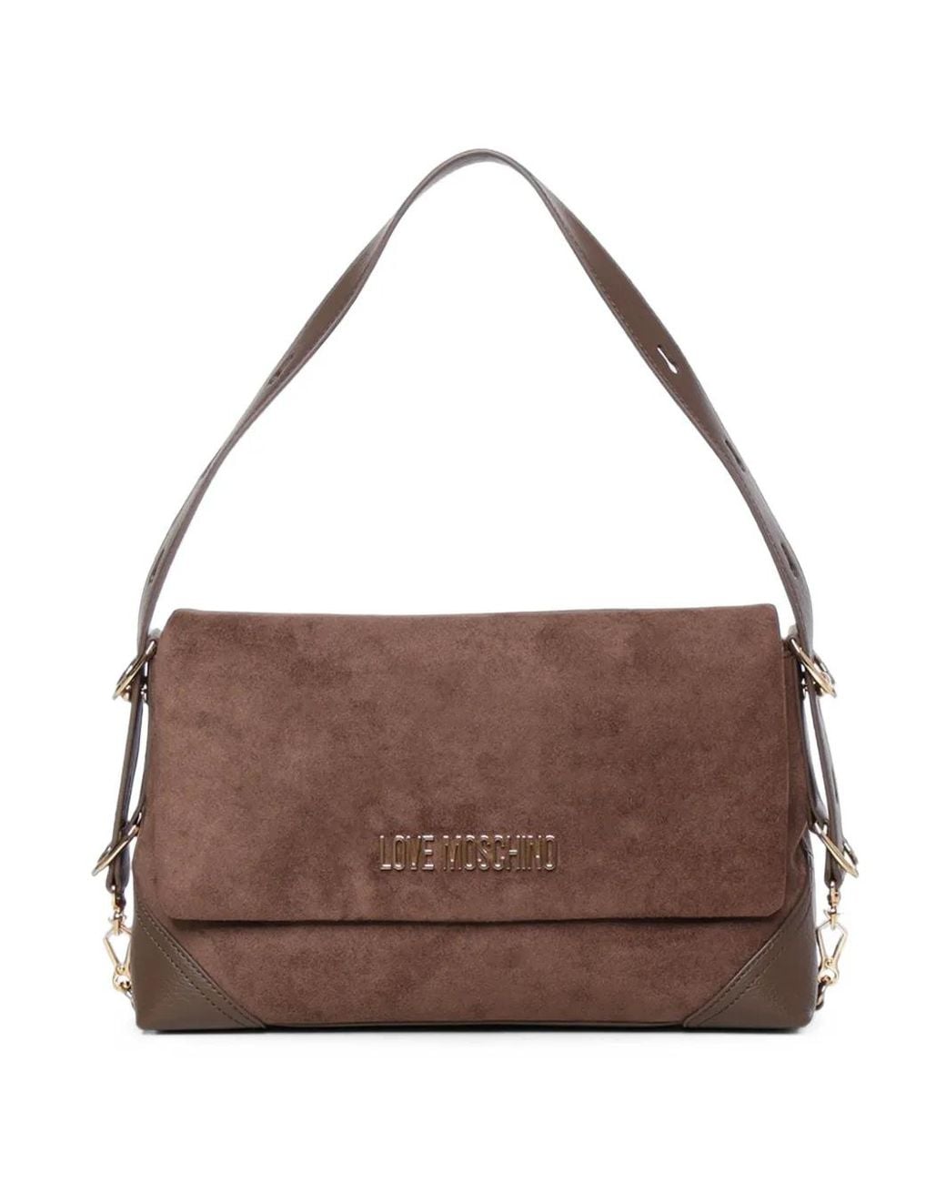 Love Moschino Brown Logo-Plaque Suede-Effect Shoulder Bag