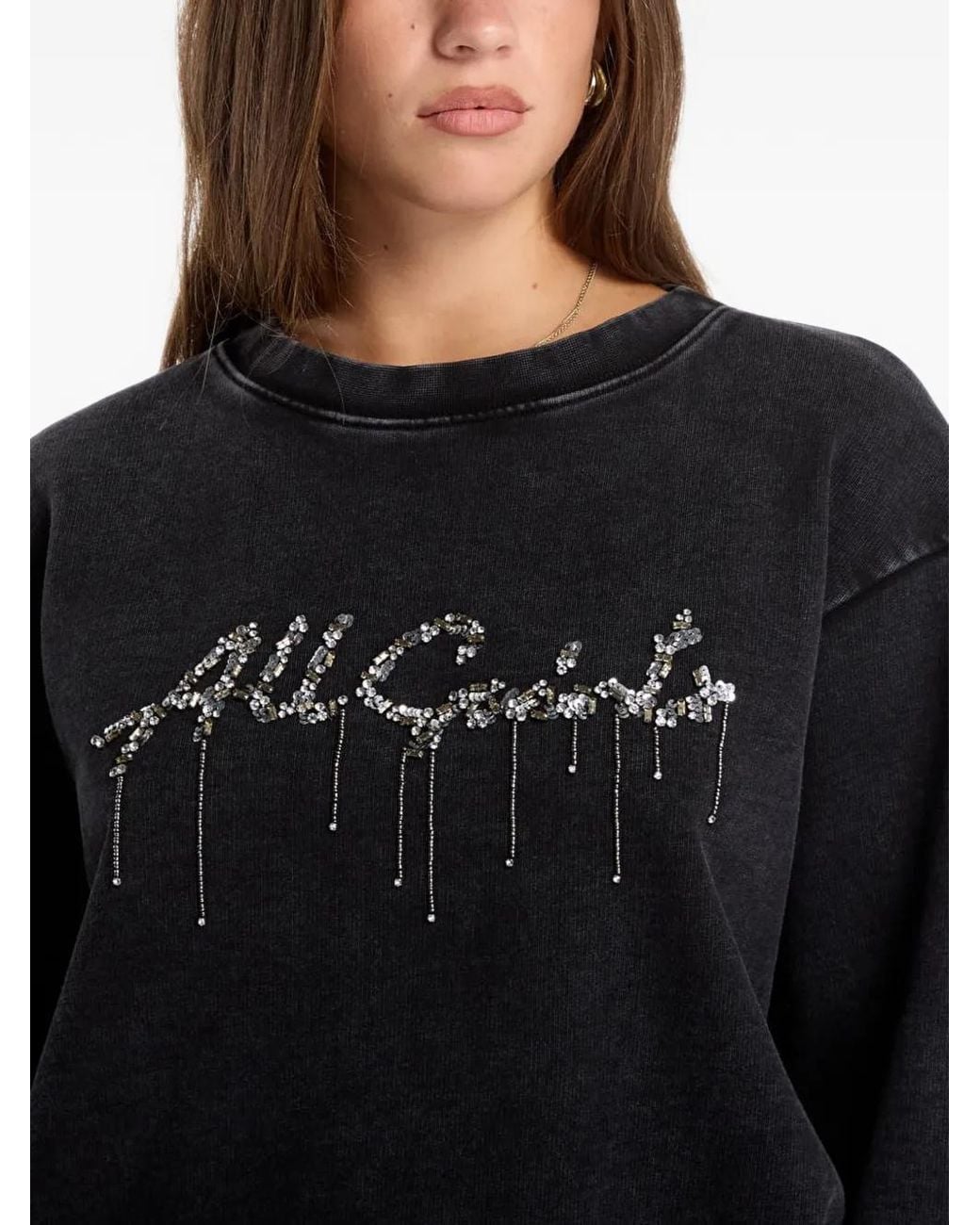 AllSaints Black Chains Pippa Sequin-Embellished Logo-Print Sweater