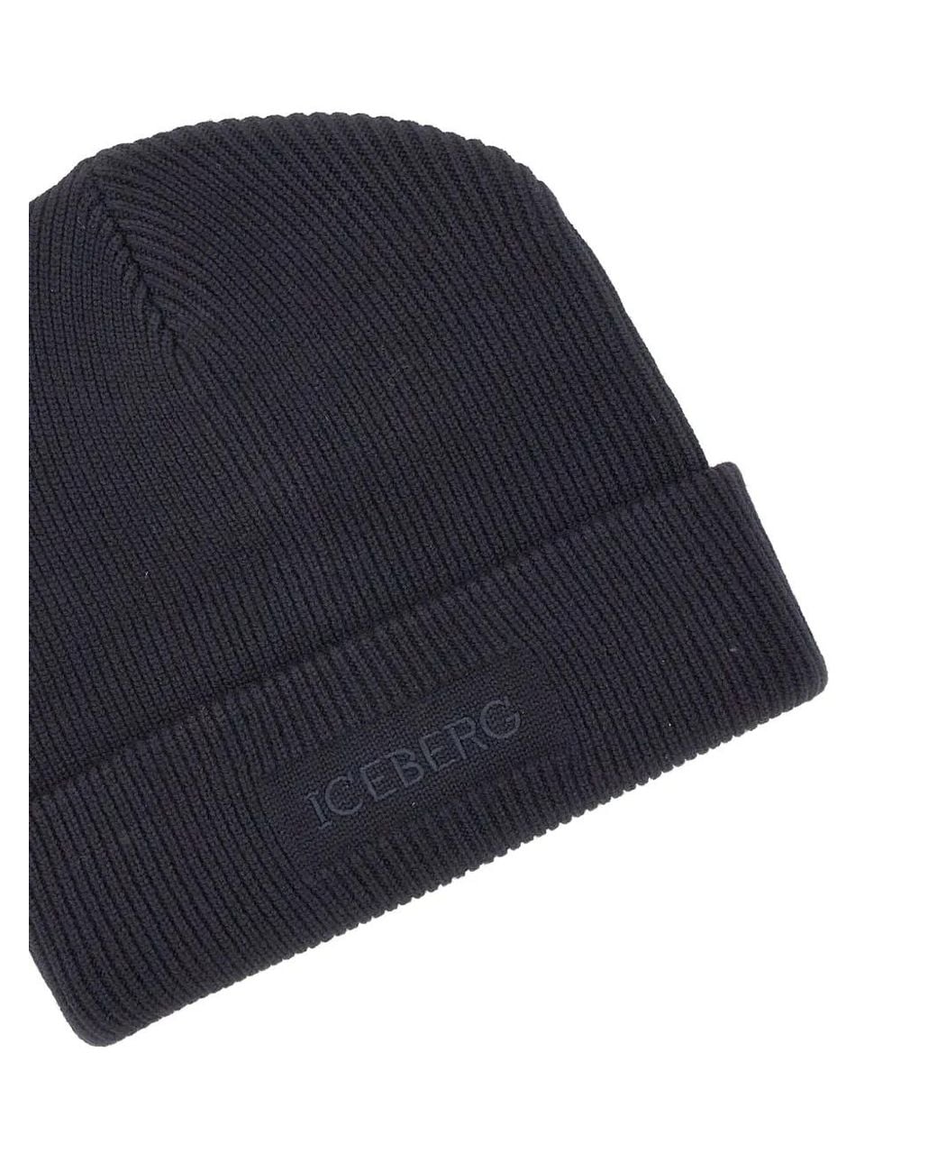 Iceberg Blue Ribbed-Knit Embroidered Beanie Hat for men