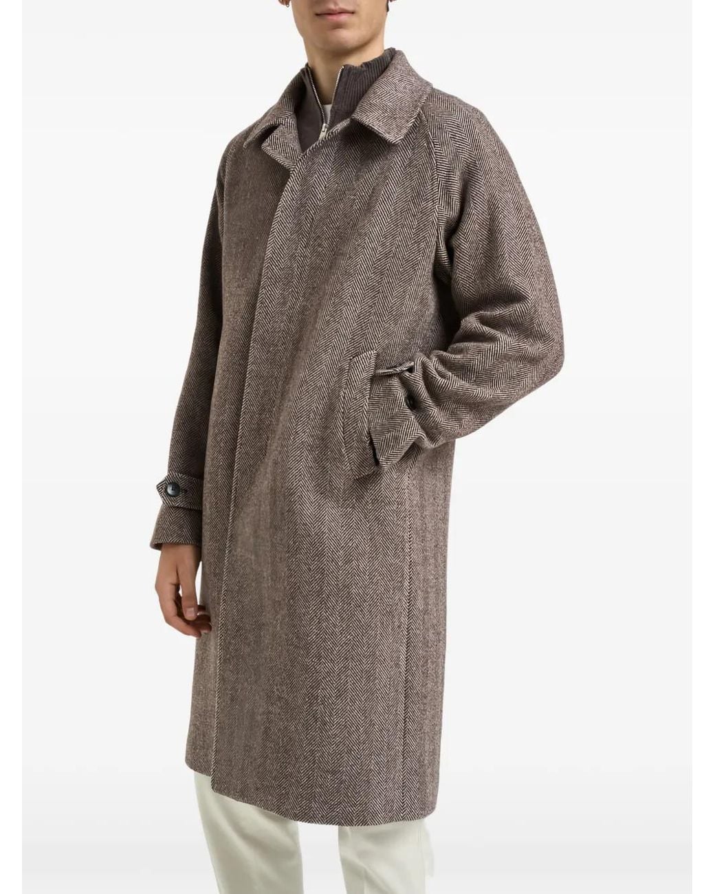 BRERAS Milano Brown Herringbone-Pattern Single-Breasted Coat for men
