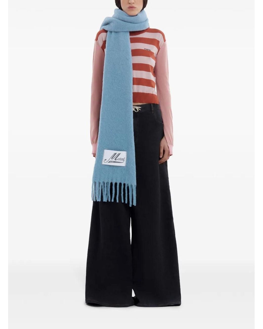 Marni Blue Logo-Patch Alpaca Wool-Blend Scarf