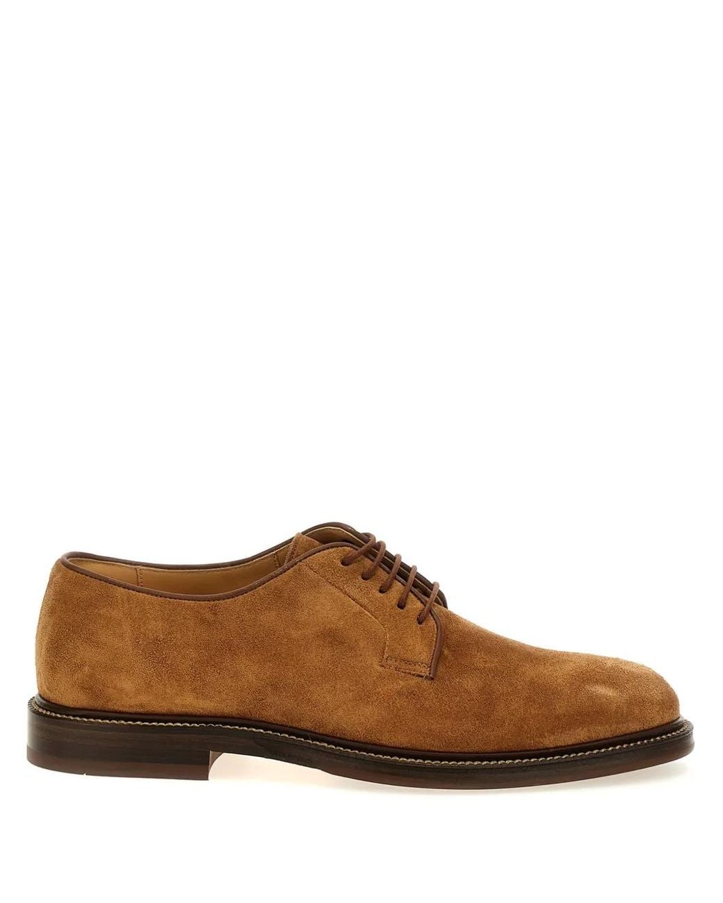 Brunello Cucinelli Brown Suede Derby Shoes for men