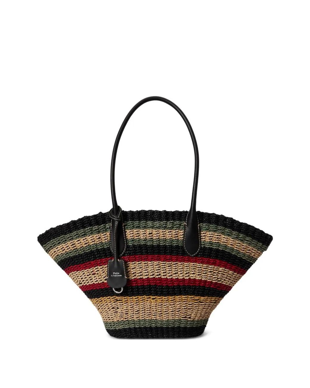 Polo Ralph Lauren Black Bellport Stripe Raffia Basket Tote