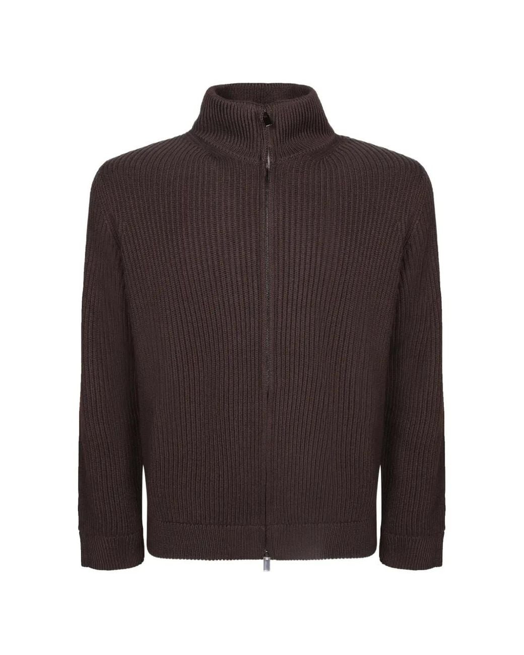 Dell'Oglio Brown Ribbed-Knit Zip-Up Cardigan for men