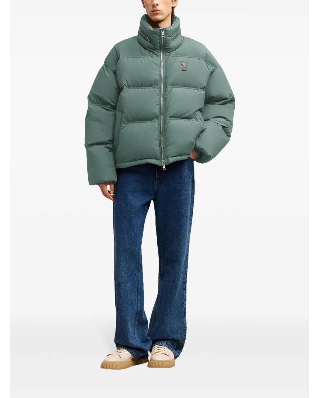 AMI Green Cropped Puffer Jacket With High Stand Collar for men