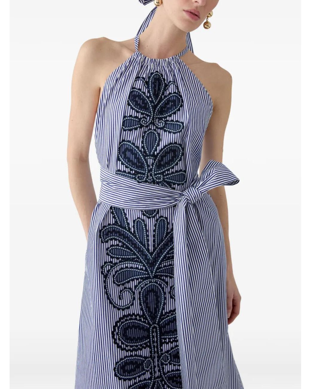 Carolina Herrera Blue Striped-Pattern Midi Dress
