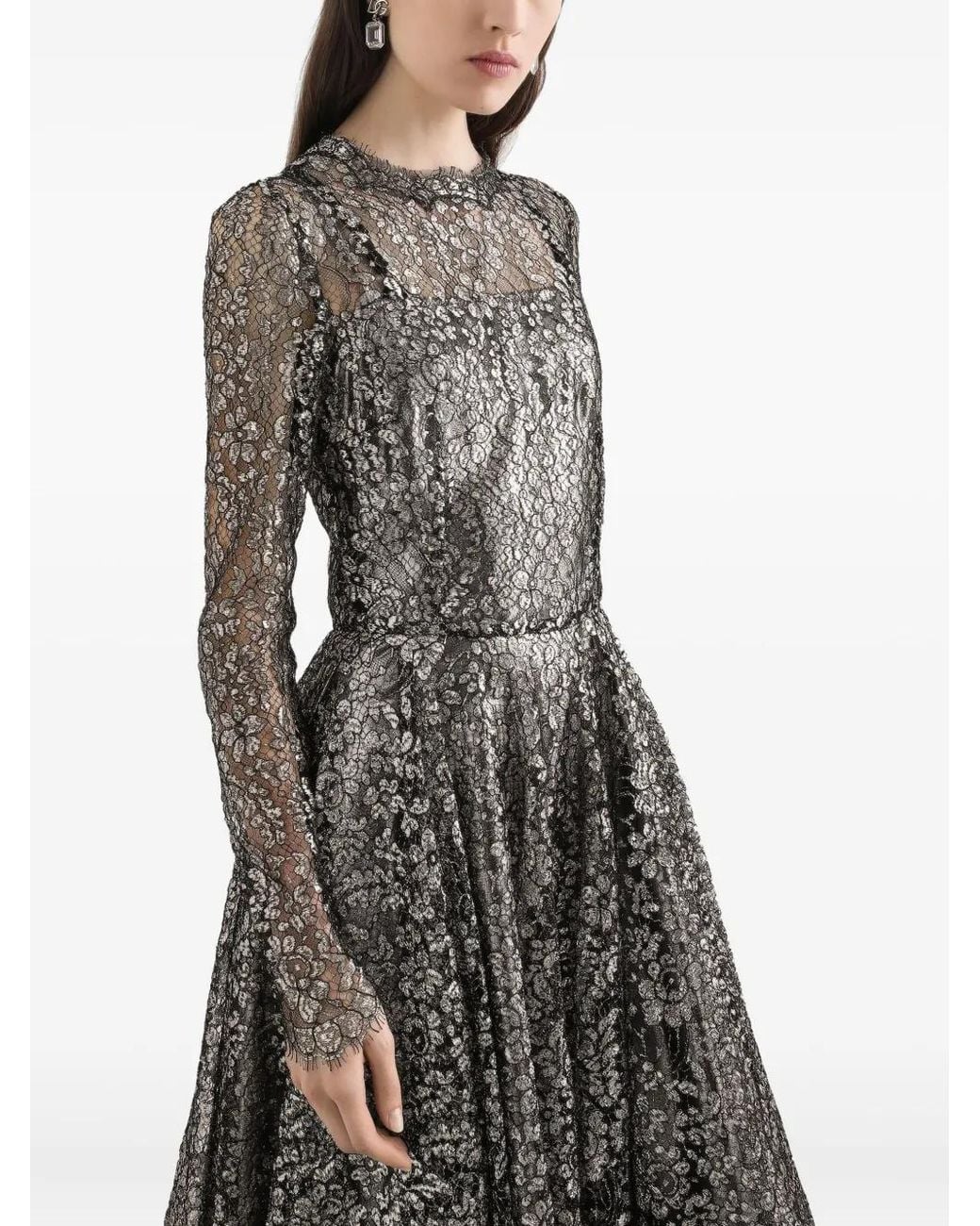 Dolce & Gabbana Gray Lamé Lace Midi Dress