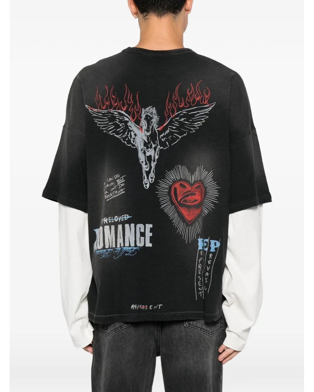 Represent Black Graphic-Print Layered-Sleeve T-Shirt for men