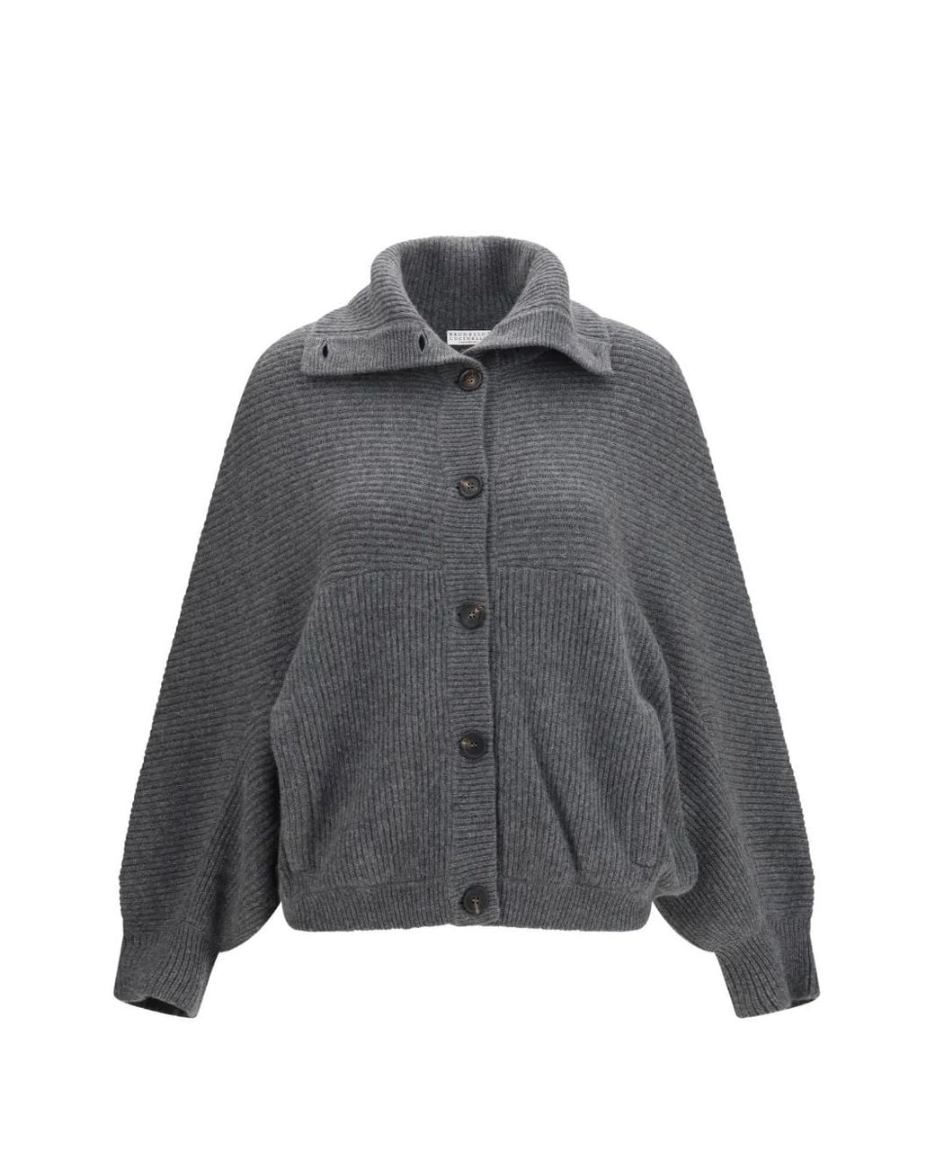 Brunello Cucinelli Gray Ribbed-Knit Cardigan