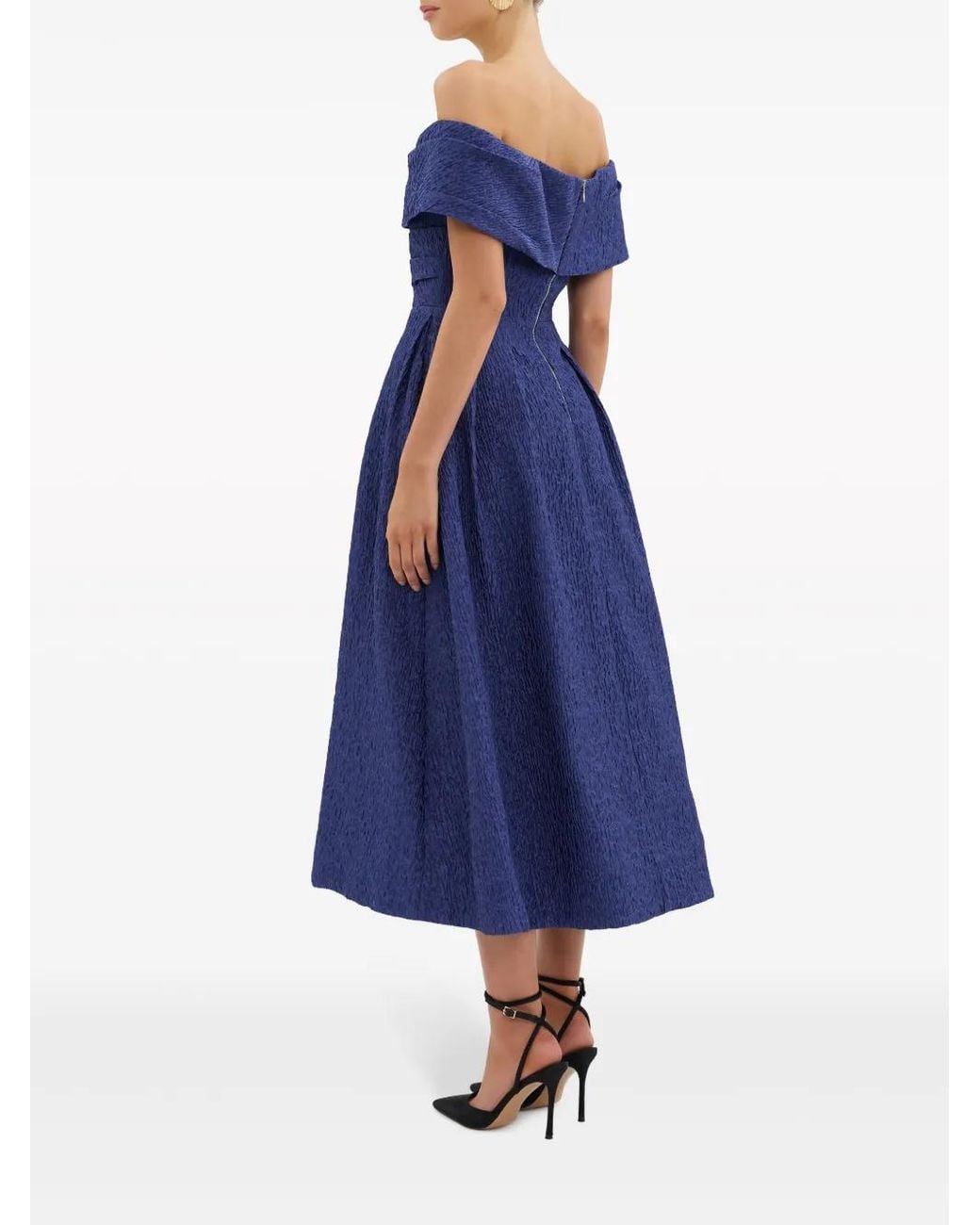 Rebecca Vallance Blue Helene Textured Off-Shoulder Midi Dress