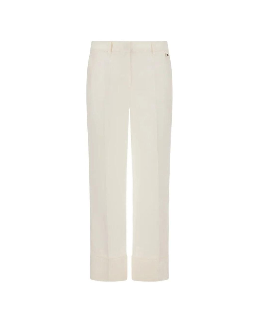 Herno White Lightweight Linen Cigarette Trousers With Turn-Ups And Metal Logo Plate