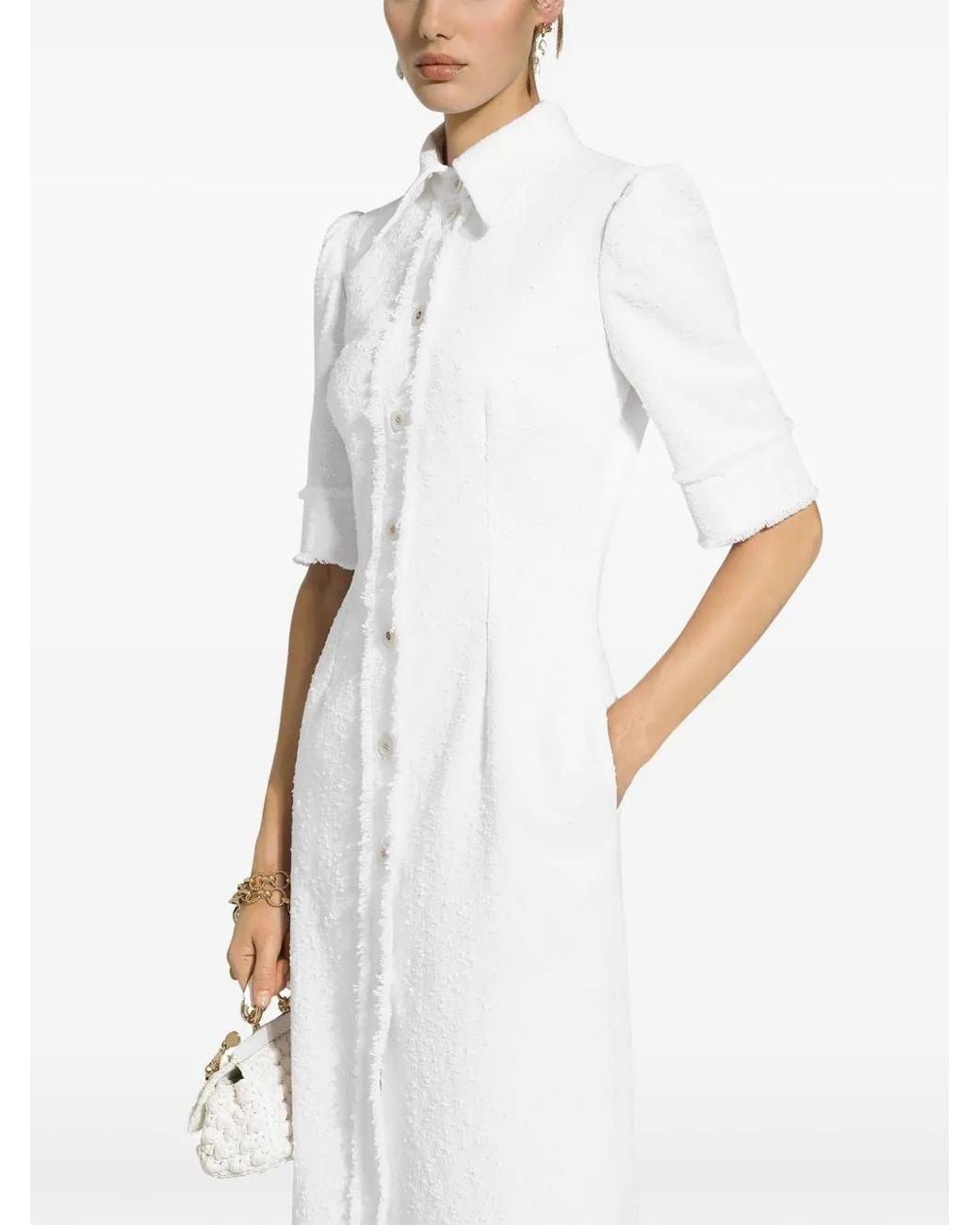 Dolce & Gabbana White Raschel Tweed Calf-Length Dress