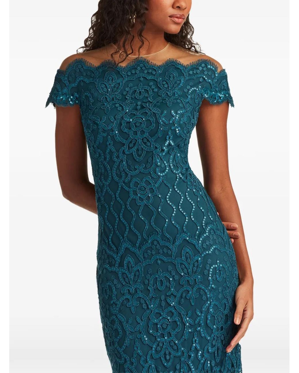 Tadashi Shoji Blue Sequin-Embellished Lace-Overlay Maxi Dress