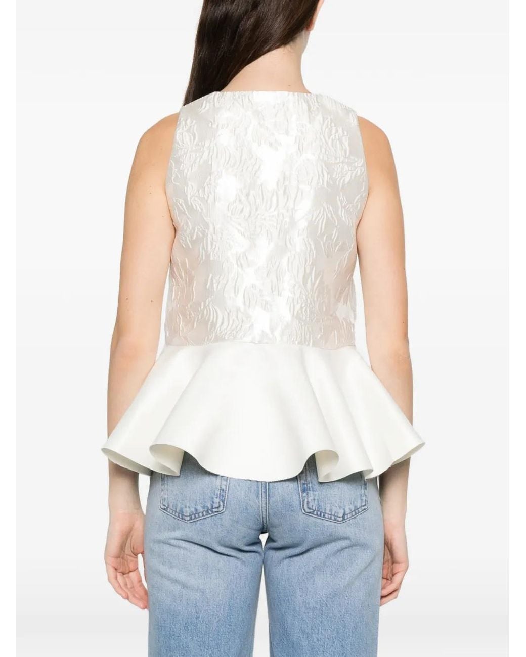 Ganni White Satin Cloque Sleeveless Peplum Blouse