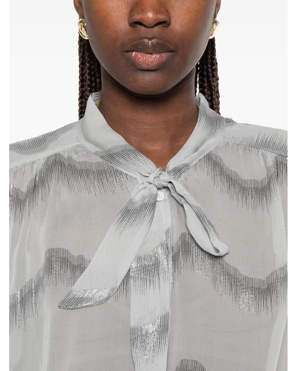 Forte_forte Gray Pussy-Bow Chevron-Pattern Shirt
