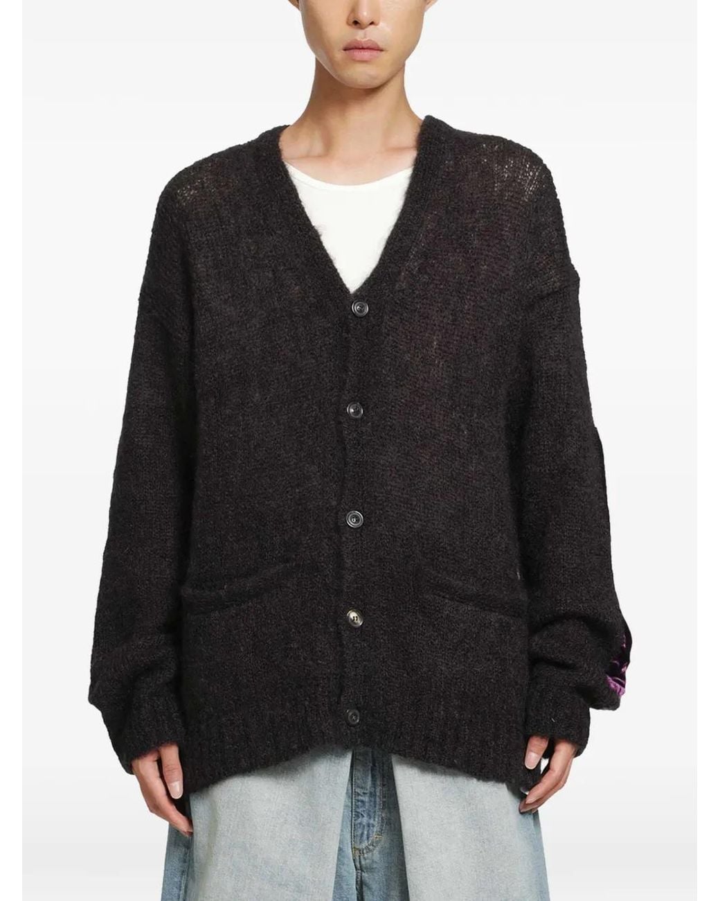 Maison Margiela Black Velvet-Patch Long-Sleeve Cardigan for men