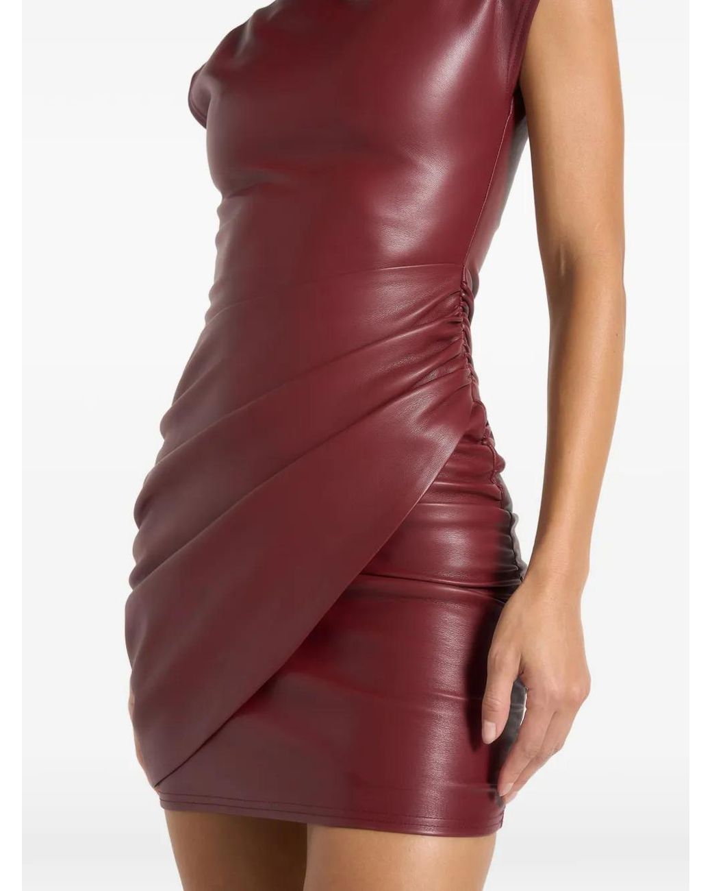 Manière De Voir Red Tina Leather Boat Neck Ruched Dress