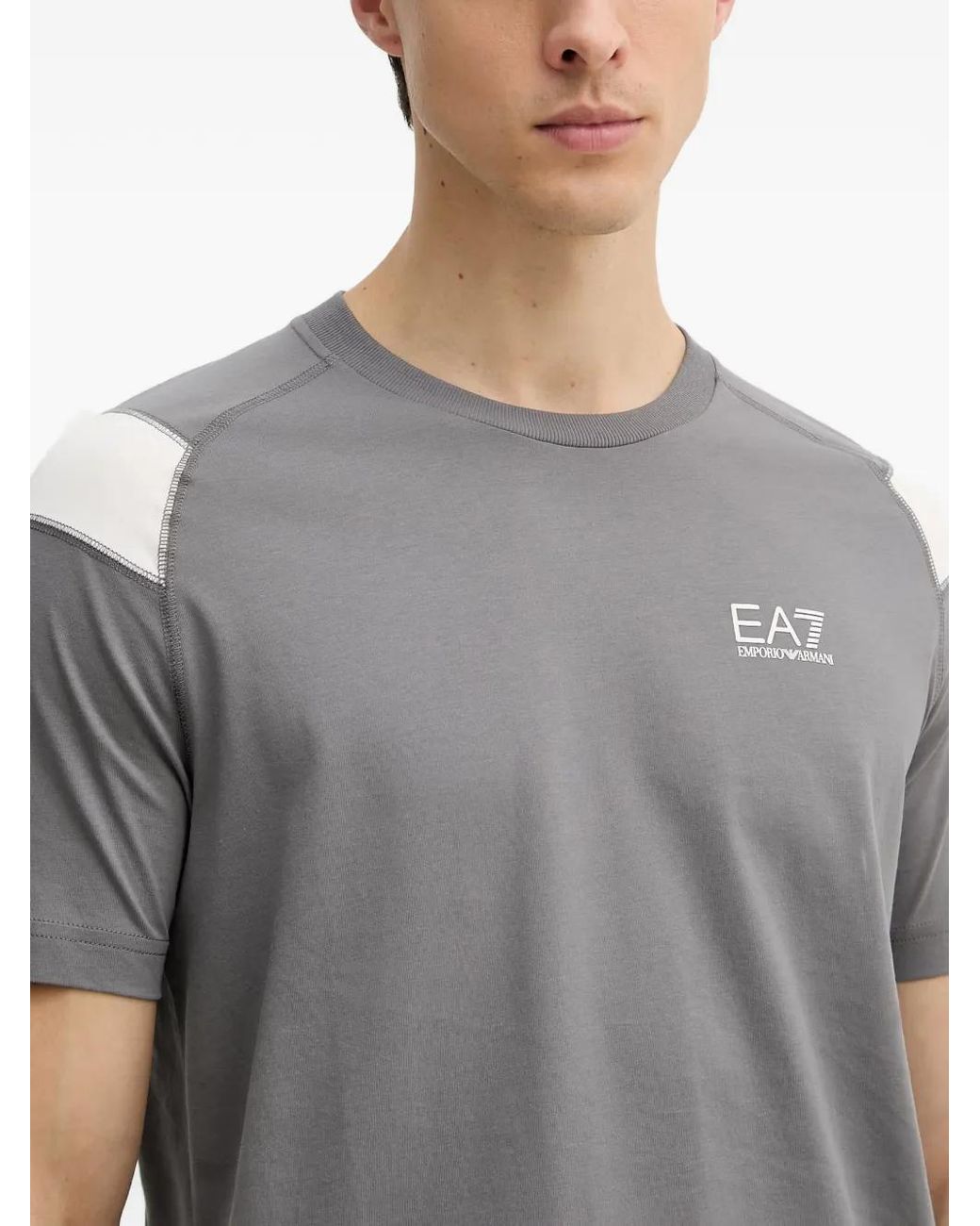 EA7 Gray Logo-Print Panelled T-Shirt for men