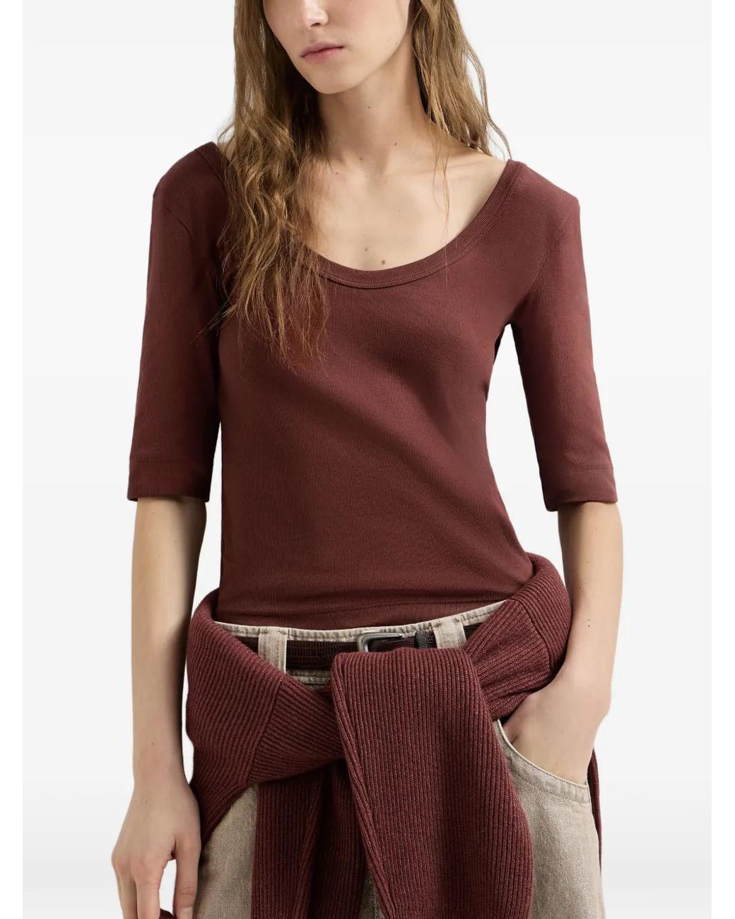 Brunello Cucinelli Red Stretch Cotton Ribbed Jersey T-Shirt With Monili