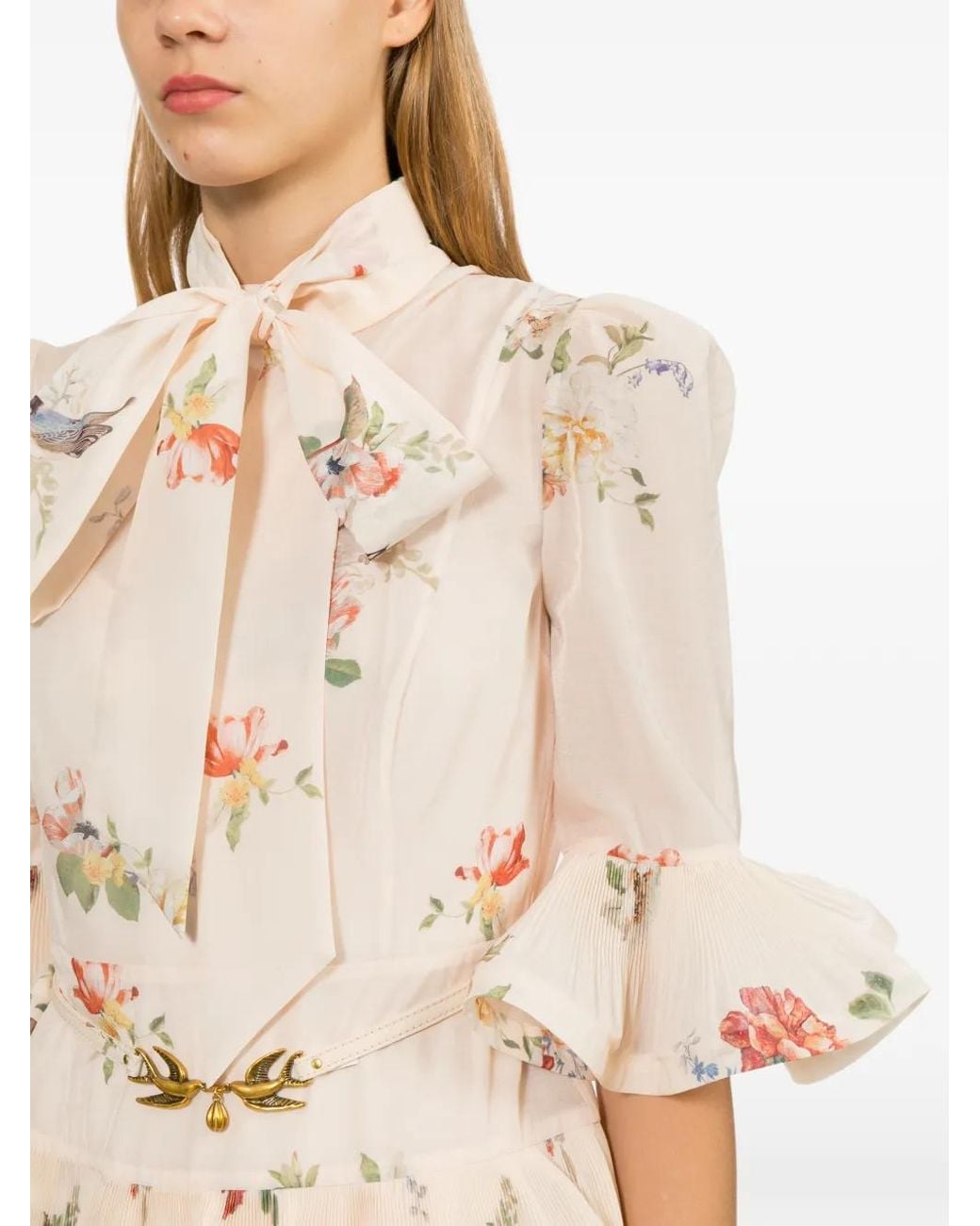Zimmermann Natural Pleated Long-Sleeve Mini Dress