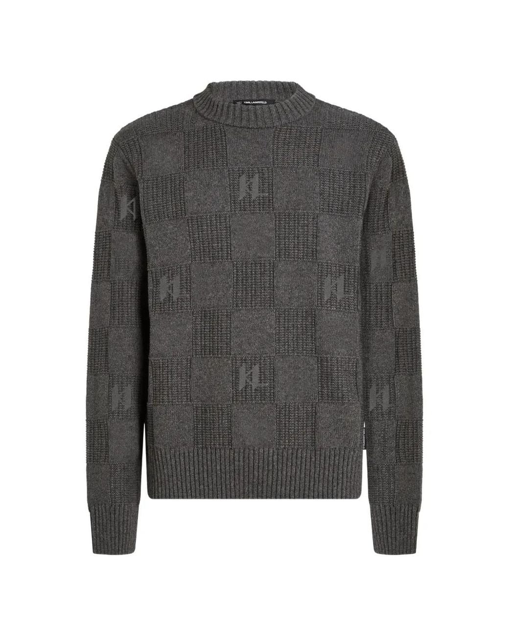 Karl Lagerfeld Gray Monogram Checked Knitted Sweater for men