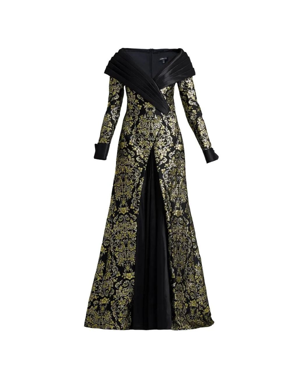 Tadashi Shoji Black Sorella Floral-Brocade Pleated-Collar Maxi Dress