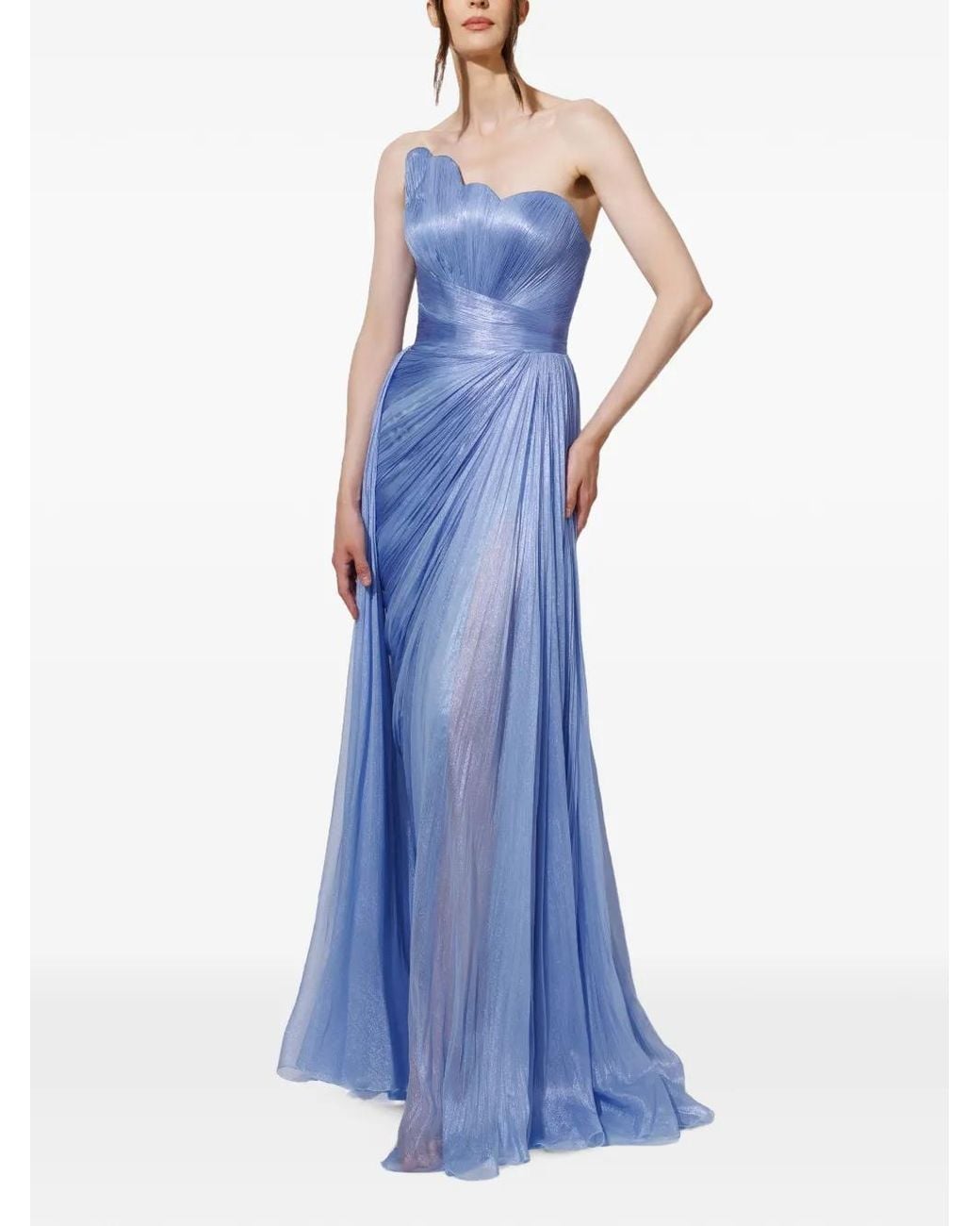 IRIS SERBAN Blue Valery Asymmetric Pleated Gown