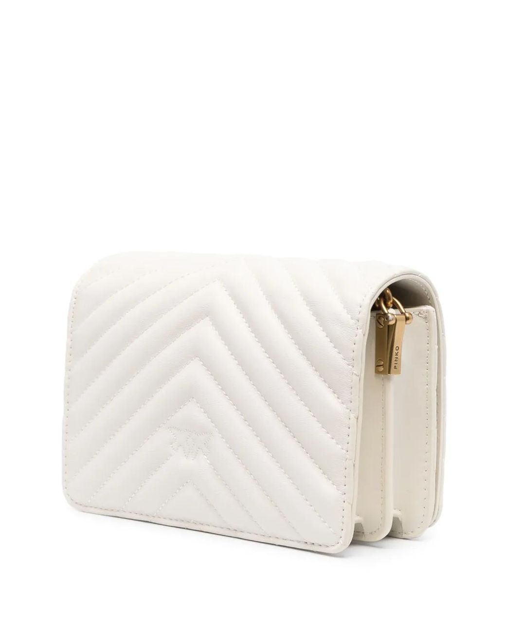 Pinko Natural 'love Click Mini' Shoulder Bag With Logo Plaque In Chevron Leather