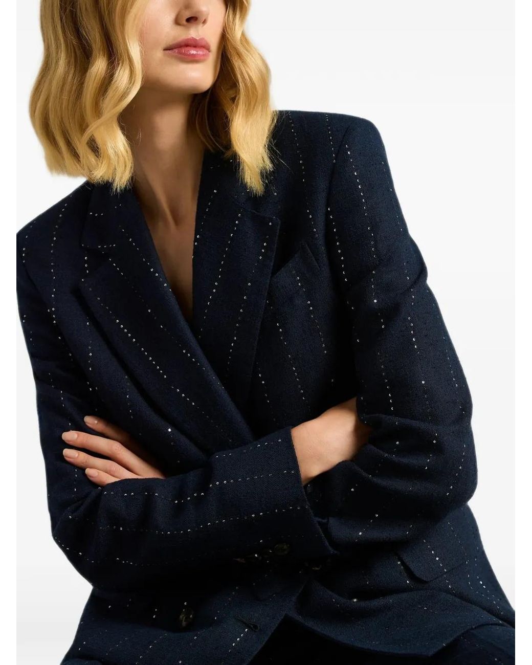 Kiton Blue Double-Breasted Sequin-Embellished Blazer