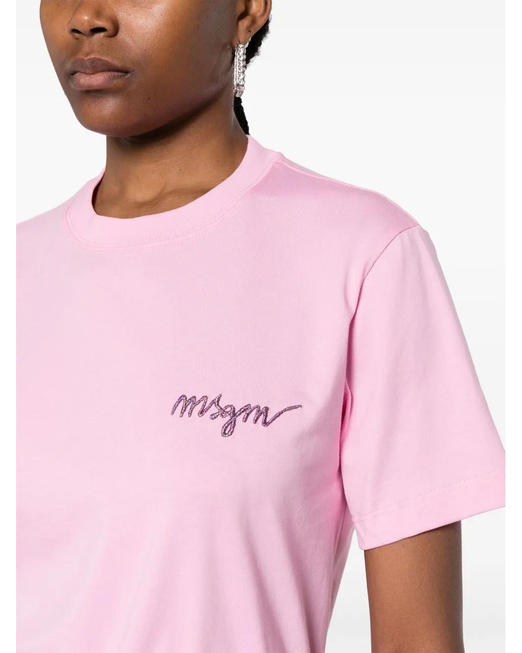 MSGM Pink Logo-Embroidered Cotton T-Shirt
