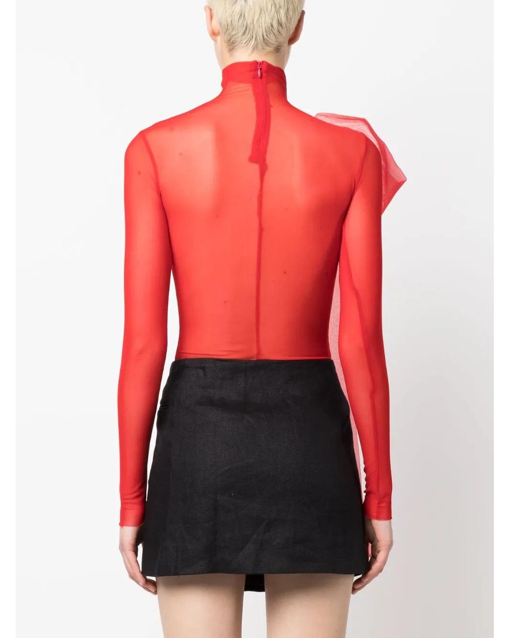 Atu Body Couture Red Semi-Sheer Bow-Detail Bodysuit
