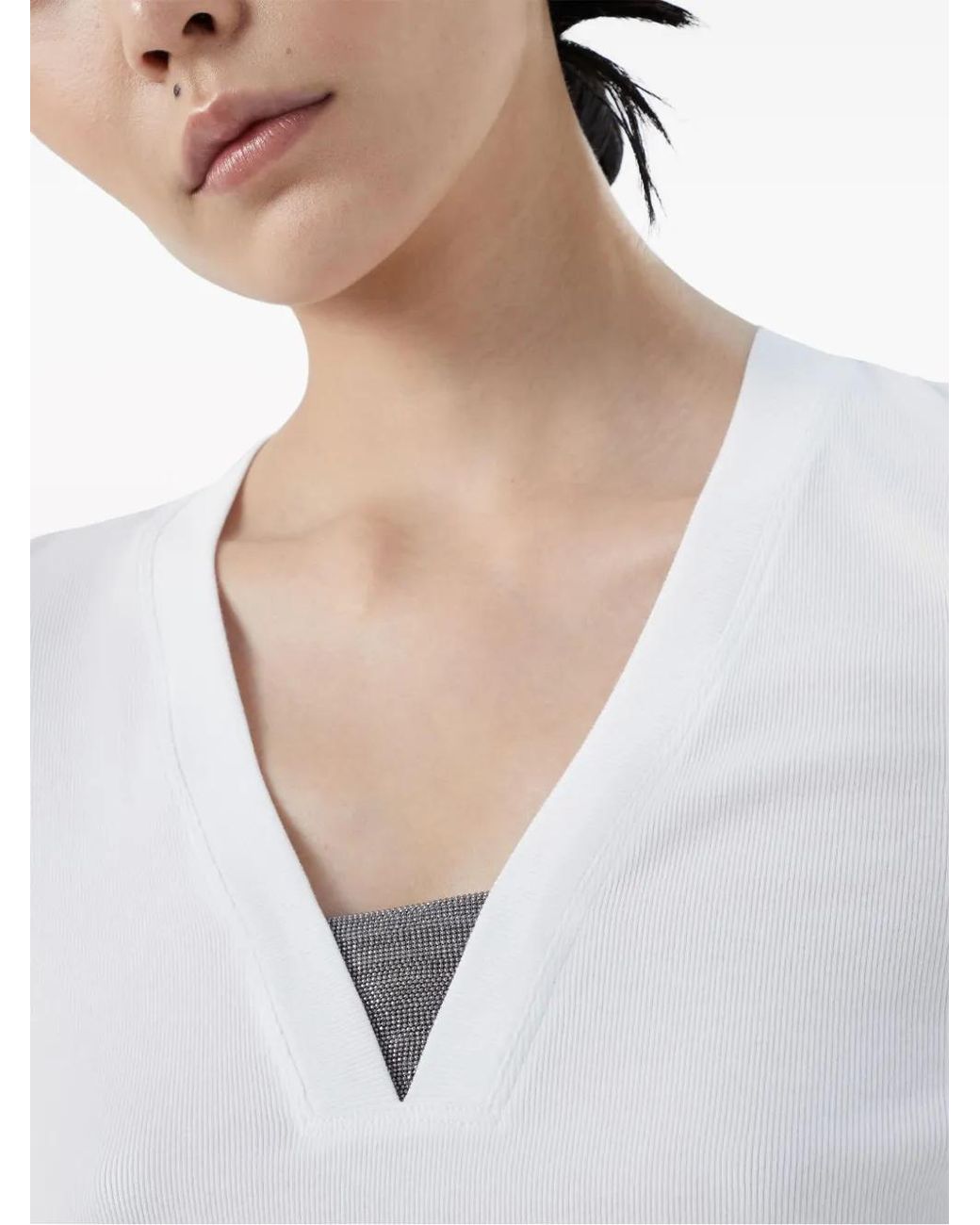 Brunello Cucinelli White Long Sleeve V-Neck T-Shirt