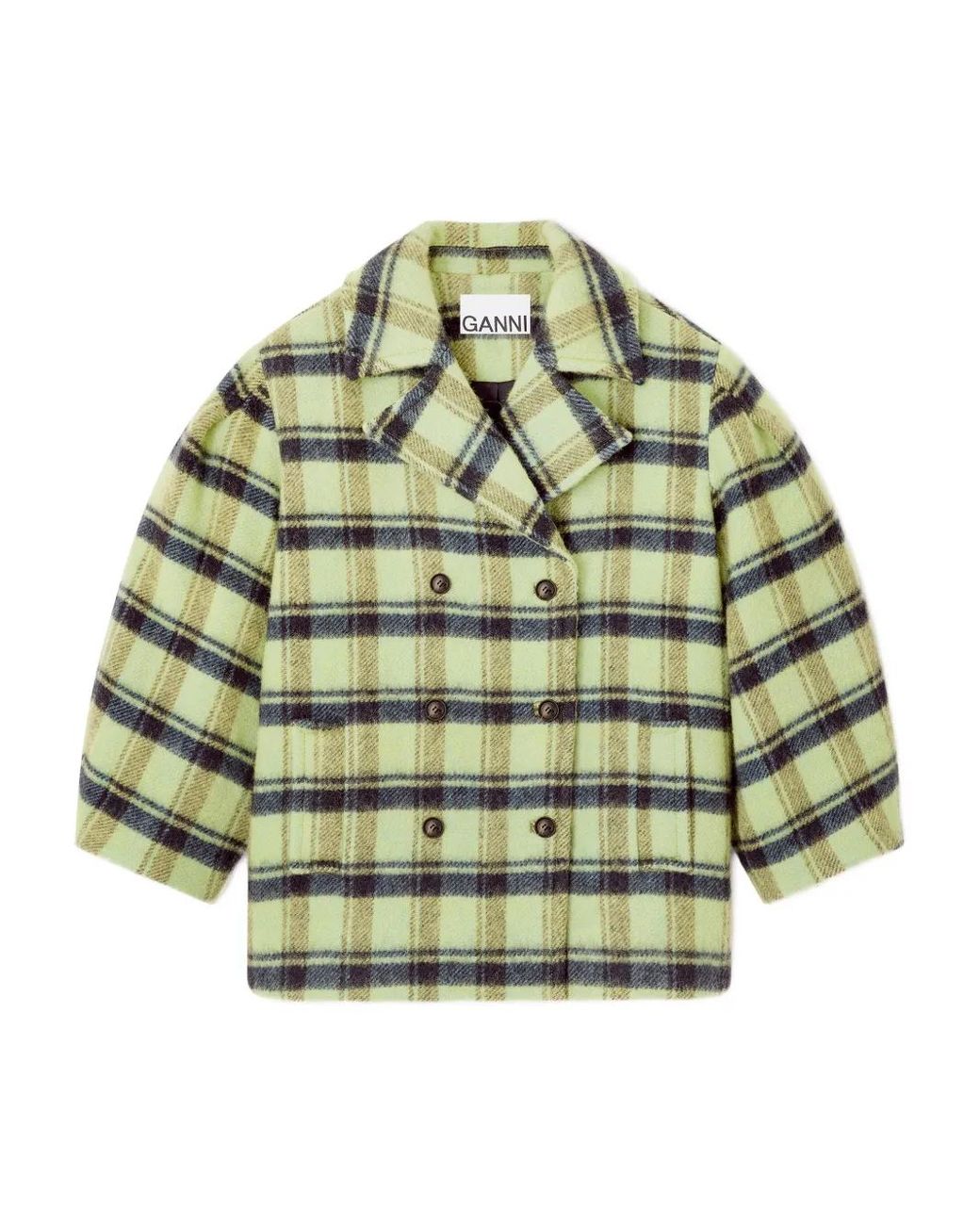 Ganni Green Check Oversized Brushed Midi Coat